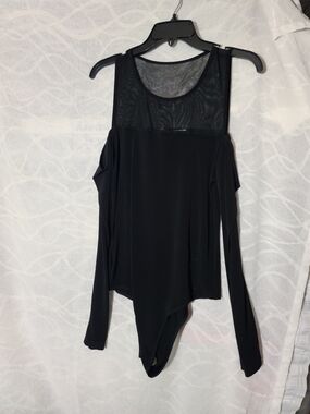 BCBGeneration Black Mesh-Yoke Cold Shoulder Bodysuit